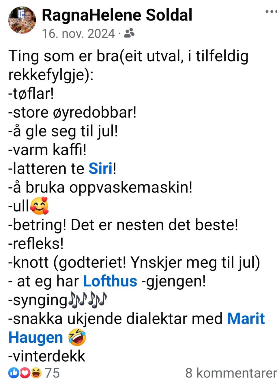 Ragna Helene Soldal Facebook-publiserer rett som det er ut ei liste med stort og smått å gle seg over.