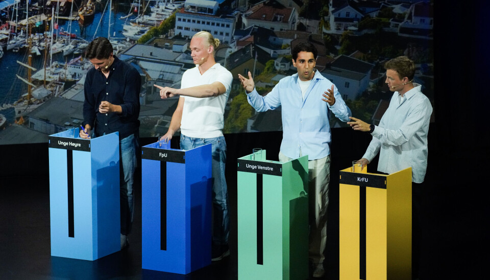 Ungdomspartileiarane Ola Svenneby (Unge Høgre), Simen Velle (FpU), Omar og Omar Svendsen-Yagci (Unge Venstre) og Hadle Rasmus Bjuland (Kristeleg Folkepartis Ungdom) under debatt i Arendal i sommar.